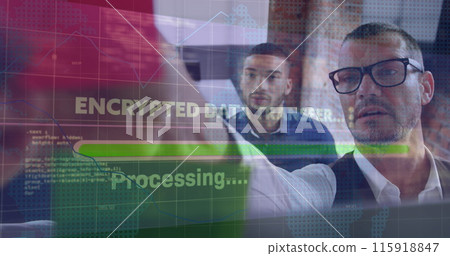 Image of financial data processing over diverse business people working at office 115918847