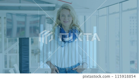 Image of financial data processing over caucasian businesswoman working at office 115918854