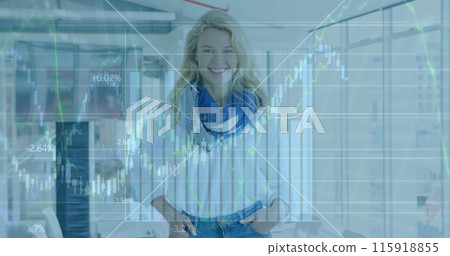 Image of financial data processing over caucasian businesswoman working at office 115918855