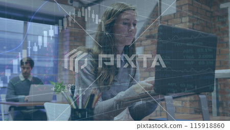 Image of graphs and trading board over caucasian woman working on laptop at office 115918860