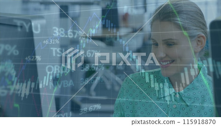 Image of graphs, trading board, caucasian woman talking with coworker while working on computer 115918870