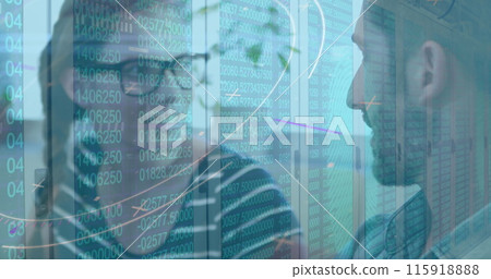 Image of changing numbers on server room and abstract pattern on diverse coworkers sharing ideas Image of changing numbers on server room and abstract pattern on diverse coworkers sharing ideas 115918888