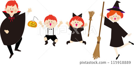 Illustration of a family enjoying Halloween costumes 115918889