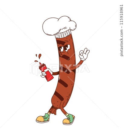 Sausage retro groovy barbeque grill character. Isolated cartoon vector bbq sausage food personage in hippie y2k style, with a smiling face, wearing sneakers, chef toque and holding ketchup bottle 115918961