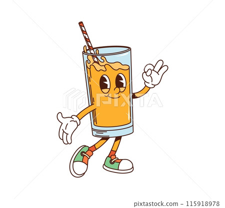 Cartoon juice glass retro groovy breakfast character with a smiling face, a straw and making an ok sign with one hand. Isolated vector glass of drink wearing shoes and looks refreshing and energetic 115918978