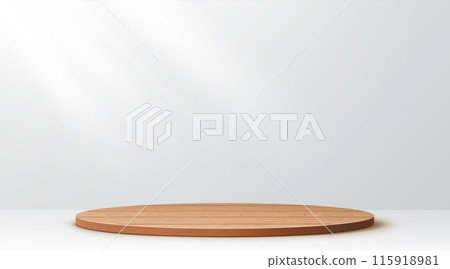 Wooden floor podium stage. Realistic background with 3d vector wood round platform or showcase on white wall background with soft lighting, for displaying cosmetic products, presentation or exhibition 115918981