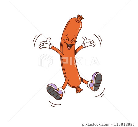 Cartoon sausage retro groovy breakfast character. Isolated vector joyful food personage with smiling face and hands raised, jumping or dancing. Sausage wearing shoes and exudes a lively and funky vibe 115918985