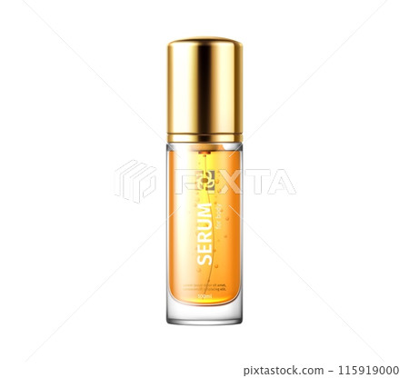 Serum package cosmetic product template. Isolated realistic 3d vector mockup of elegant cosmetic bottle filled with yellow liquid. Luxurious container with gold cap for skincare and beauty routines 115919000