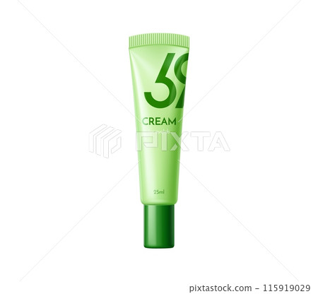 Green cream tube cosmetic product package template. Isolated 3d vector realistic mockup of cream for eyelids with a fresh aesthetic, for skincare routine focusing on moisturizing and soothing eye area 115919029