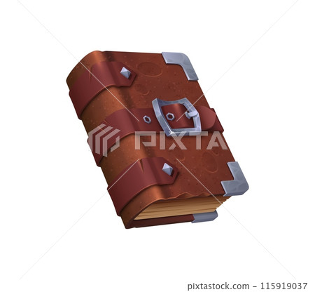 Game book of ancient fantasy or magic Medieval manuscript, vector cartoon GUI element. Wizard spell book in leather cover with buckle lock for fantasy or mystery adventure game asset and UI interface 115919037