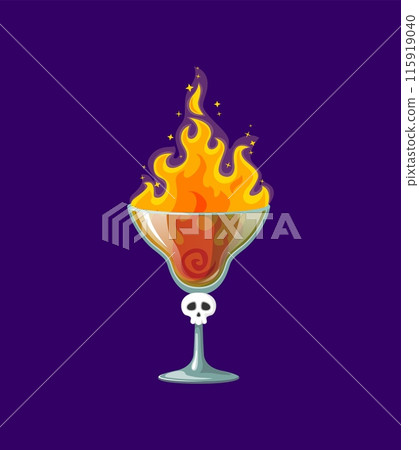 Halloween cocktail ablaze with flickering fire flames, combines mysterious ingredients and spices. Isolated cartoon vector bewitching, hot, enchanting concoction to ignite spooky celebrations 115919040