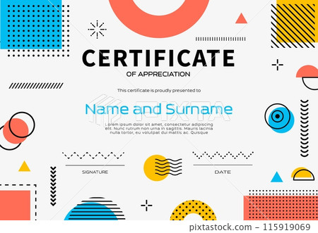 Certificate template memphis background with abstract shapes. Vector diploma, appreciation frame with vibrant colors, placer for recipient name, date and signature, surrounded by geometric elements 115919069