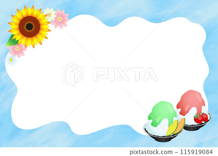 Summer frame with melon and strawberry shaved ice and sunflowers 115919084