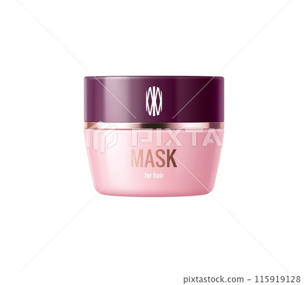 Hair mask pink package. Cosmetic product template. Isolated realistic 3d vector stylish pink plastic jar with purple screw lid and metallic bronze accents. packaging promotes product for healthy hair 115919128