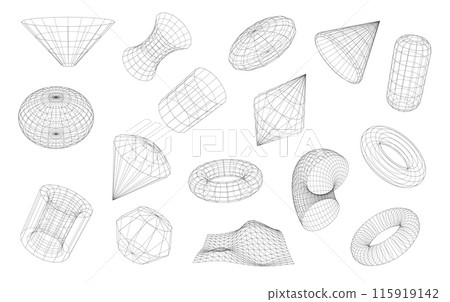 3d Wireframe shapes, geometric volumetric figures with lattice surface. Sphere ball, torus and net, cyber globe, cone and funnel. Vector scientific objects, fractals, graphic forms wire structures 3d Wireframe shapes, geometric volumetric figures with lattice surface. Sphere ball, torus and net, cyber globe, cone and funnel. Vector scientific objects, fractals, graphic forms wire structures 115919142