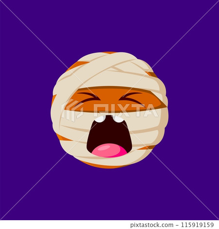 Halloween holiday mummy emoji. Cartoon character wrapped in bandage with wide open mouth and closed eyes peeking out, evoking spooky yet playful vibes. Isolated vector cute emoticon round face for app 115919159