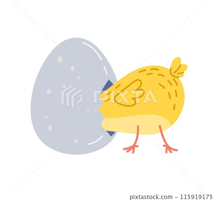 Cartoon chick character hatching from the egg. Isolated vector darling, newborn chickling baby bird personage playfully emerges from a cracked eggshell, featuring heartwarming scene of new life born Cartoon chick character hatching from the egg. Isolated vector darling, newborn chickling baby bird personage playfully emerges from a cracked eggshell, featuring heartwarming scene of new life born 115919175