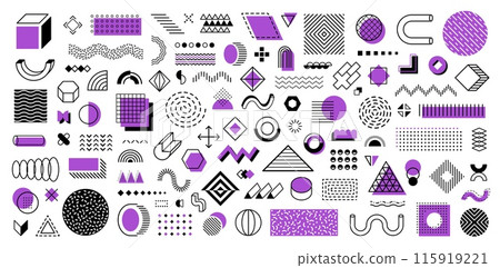 Memphis shapes and geometric elements collection in purple and black. Vector set featuring abstract patterns, lines, and forms, includes cubes, circles, triangles and dots with eclectic aesthetic 115919221