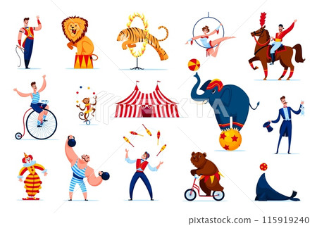 Cartoon chapito circus people characters and animals. Vector acrobat, clown, juggler and magician personages. Cute elephant, lion, horse and bear, trapeze girl and strongman performers at circus stage 115919240