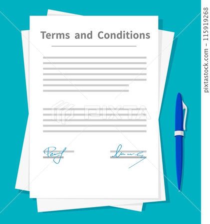 Terms and conditions document papers and pen top view. Vector legal agreement outlining rights, responsibilities and limitations. Business contract sheet with a sign, specifies privacy or resolution Terms and conditions document papers and pen top view. Vector legal agreement outlining rights, responsibilities and limitations. Business contract sheet with a sign, specifies privacy or resolution 115919268