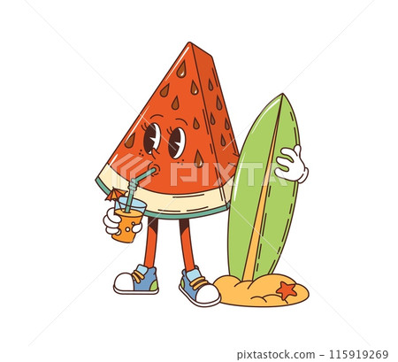 Retro groovy watermelon slice character. Isolated vector cartoon fruit character holding tropical drink and surfboard, stands on a sandy beach with starfish, exuding a playful and relaxed summer vibe Retro groovy watermelon slice character. Isolated vector cartoon fruit character holding tropical drink and surfboard, stands on a sandy beach with starfish, exuding a playful and relaxed summer vibe 115919269
