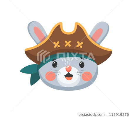 Cartoon rabbit animal pirate and corsair face. Sailor, captain, skipper and boatswain character donning bandana and tricorn hat. Cute bunny with a playful smile. Isolated kawaii vector woodland rover 115919276