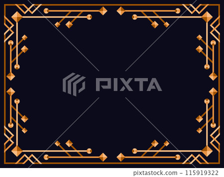 Art deco frame. Vintage linear border. Design a template for invitations, leaflets and greeting cards. Geometric golden frame. The style of the 1920s - 1930s. Vector illustration 115919322
