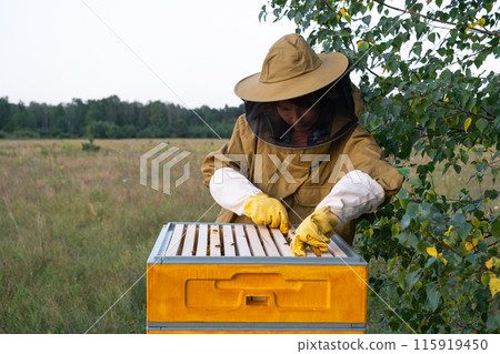 A beekeeper, a woman in a protective suit against bee stings, holds a frame with honey from a bee hive in her hands. Beekeeping, care of the hive 115919450