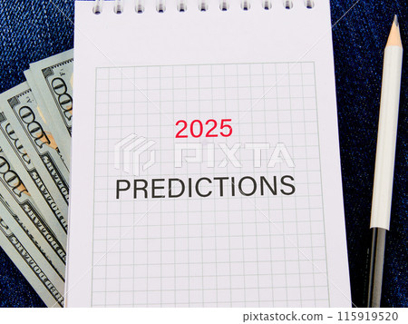 Business and financial trends and expectations in New Year. 2025 predictions in a notebook in a composition with American hundred dollar bills and a pencil 115919520