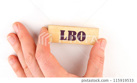 Business concept. Words Leveraged Buyout LBO written on wooden blocks laid out by hand on a white background Business concept. Words Leveraged Buyout LBO written on wooden blocks laid out by hand on a white background 115919533