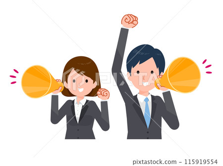 商務人士男女穿著西裝。用擴音器歡呼。 115919554
