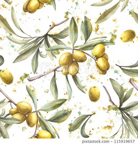 Olive tree branch with green leaves and berries on watercolor splashes stains background. Seamless pattern Hand painted illustration Botanical clipart for oil food packing, textile wallpaper. Isolated 115919657