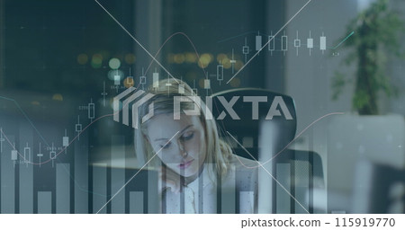 Image of data processing over caucasian businesswoman in office Image of data processing over caucasian businesswoman in office 115919770