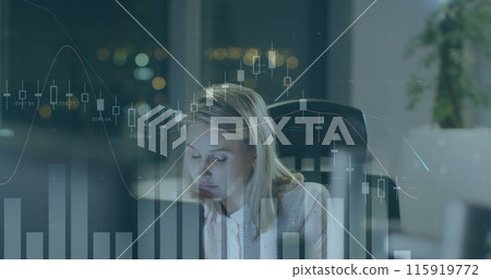 Image of data processing over caucasian businesswoman in office 115919772