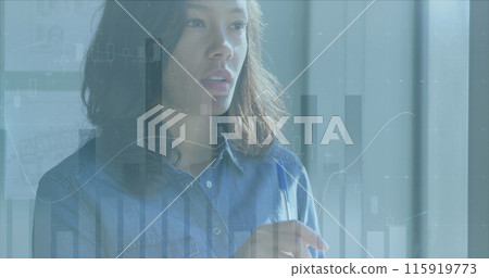 Image of data processing over caucasian businesswoman in office Image of data processing over caucasian businesswoman in office 115919773