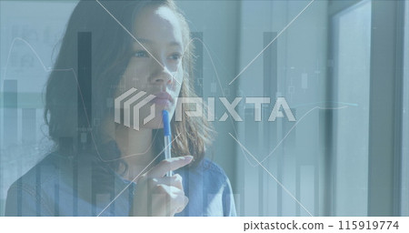 Image of data processing over caucasian businesswoman in office 115919774