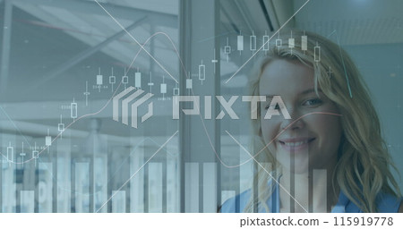 Image of data processing over caucasian businesswoman in office 115919778