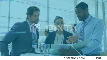 Image of financial data processing over diverse business people working at office 115919815