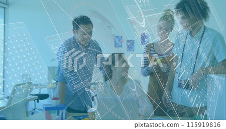 Image of financial data processing over diverse business people working at office 115919816