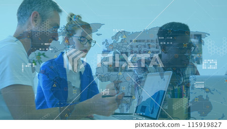 Image of geometric shapes on map and bars over diverse coworkers discussing reports on laptop Image of geometric shapes on map and bars over diverse coworkers discussing reports on laptop 115919827