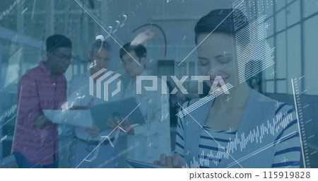 Image of loading circles, globe over portrait of smiling diverse woman with male colleagues Image of loading circles, globe over portrait of smiling diverse woman with male colleagues 115919828
