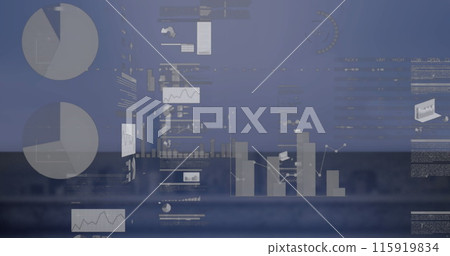 Image of infographic interface over modern cityscape against clear sky 115919834