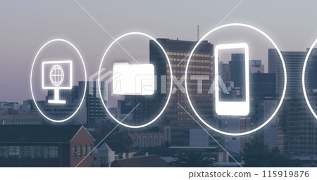 Image of media and business icons over cityscape Image of media and business icons over cityscape 115919876