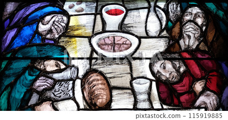 God begins salvation in this world through His Son Jesus Christ, detail of stained glass window by Sieger Koder in St. John church in Piflas, Germany 115919885