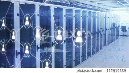 Image of media icons and data processing over server room 115919889