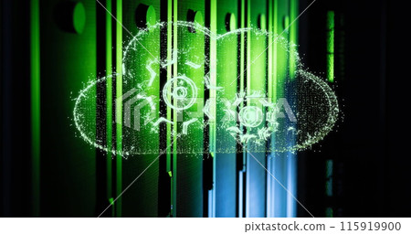 Cloud network processing data over green lit, dark computer server room 115919900