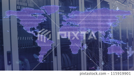 Distorting purple digital world map over computer server room Distorting purple digital world map over computer server room 115919901