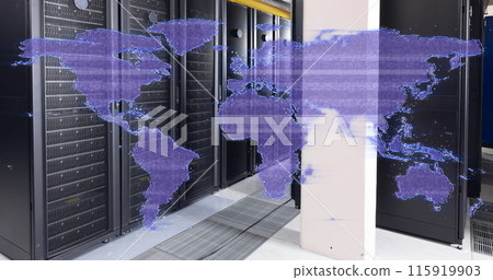 Distorting purple digital world map over computer server room 115919903