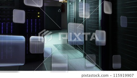 Transparent windows moving over computer server room 115919907