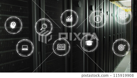 Networks with business, media and education icons processing data over computer server room 115919908